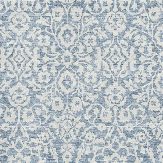 Denim Blue And Ivory Damask Washable Area Rug With UV Protection Photo 3