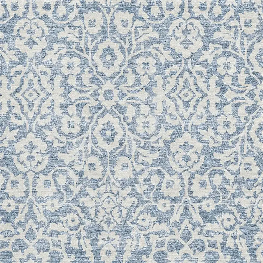 Denim Blue And Ivory Damask Washable Area Rug With UV Protection Photo 3