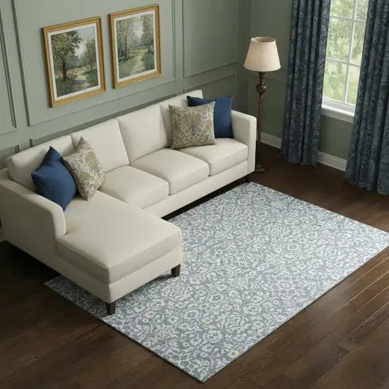 Denim Blue And Ivory Damask Washable Area Rug With UV Protection Photo 1