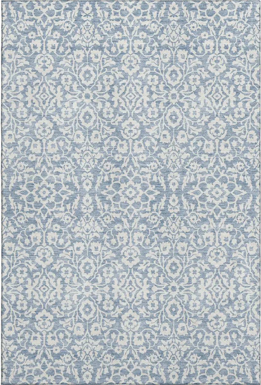 Denim Blue And Ivory Damask Washable Area Rug With UV Protection Photo 1