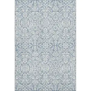 Photo of Denim Blue And Ivory Damask Washable Area Rug With UV Protection