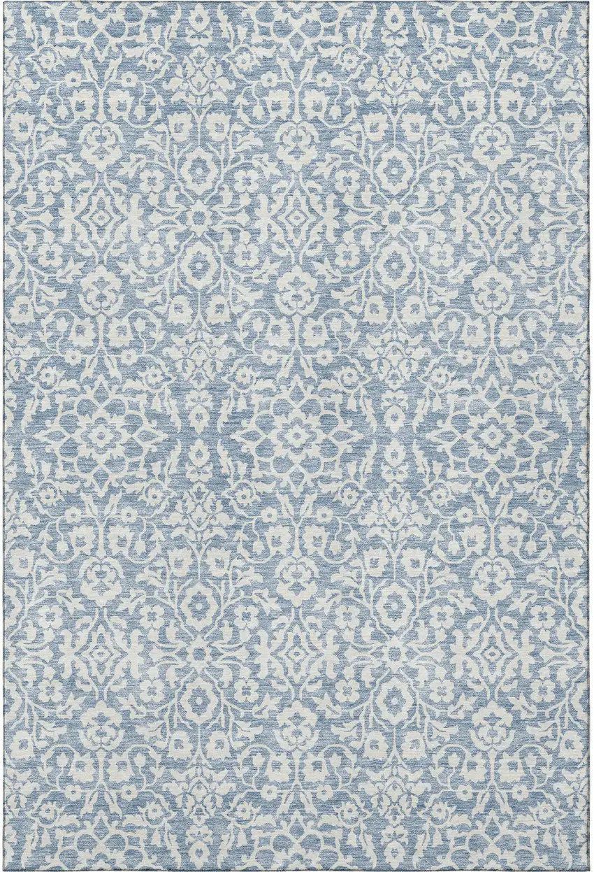 Denim Blue And Ivory Damask Washable Area Rug With UV Protection Photo 4