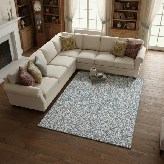 Denim Blue And Ivory Damask Washable Area Rug With UV Protection Photo 2