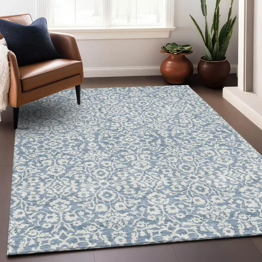 Denim Blue And Ivory Damask Washable Area Rug With UV Protection Photo 5