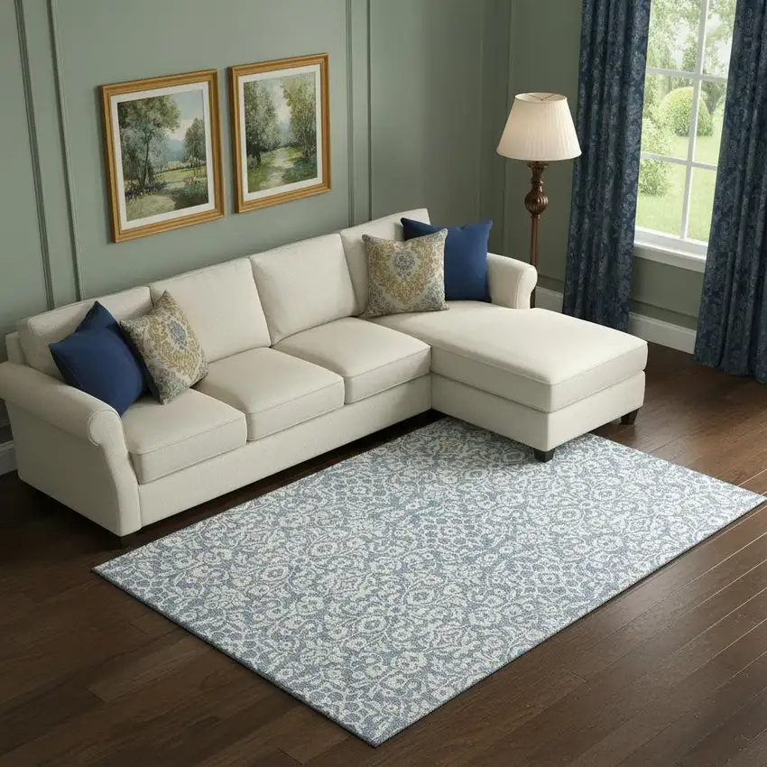 Denim Blue And Ivory Damask Washable Area Rug With UV Protection Photo 1