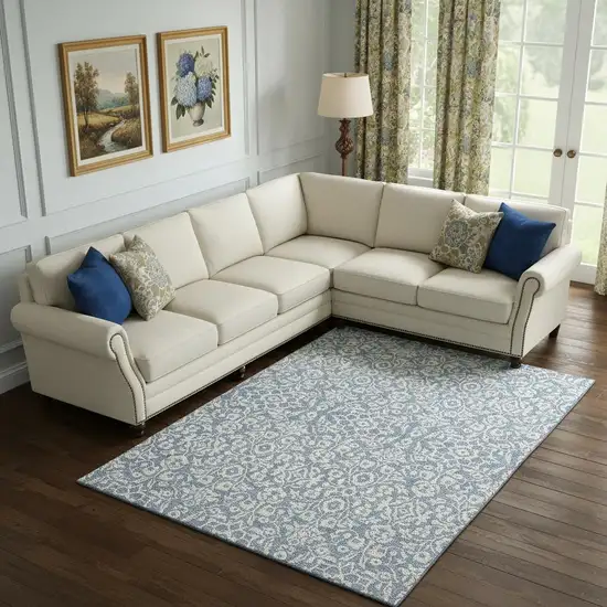 Denim Blue And Ivory Damask Washable Area Rug With UV Protection Photo 1