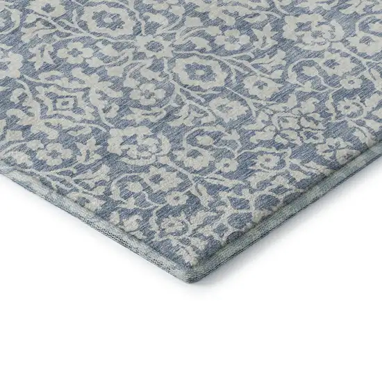 Denim Blue And Ivory Damask Washable Area Rug With UV Protection Photo 8