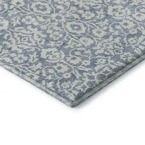 Photo of Denim Blue And Ivory Damask Washable Area Rug With UV Protection