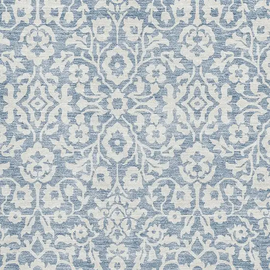 Denim Blue And Ivory Damask Washable Area Rug With UV Protection Photo 3