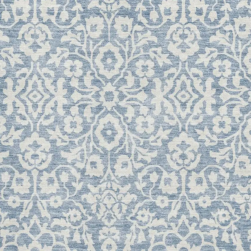 Denim Blue And Ivory Damask Washable Area Rug With UV Protection Photo 3