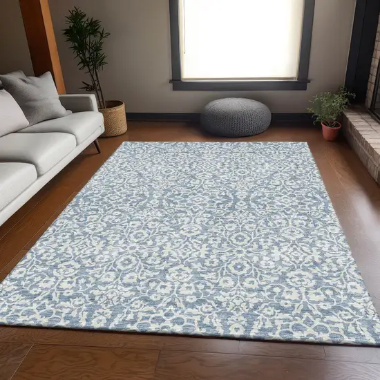 Denim Blue And Ivory Damask Washable Area Rug With UV Protection Photo 6
