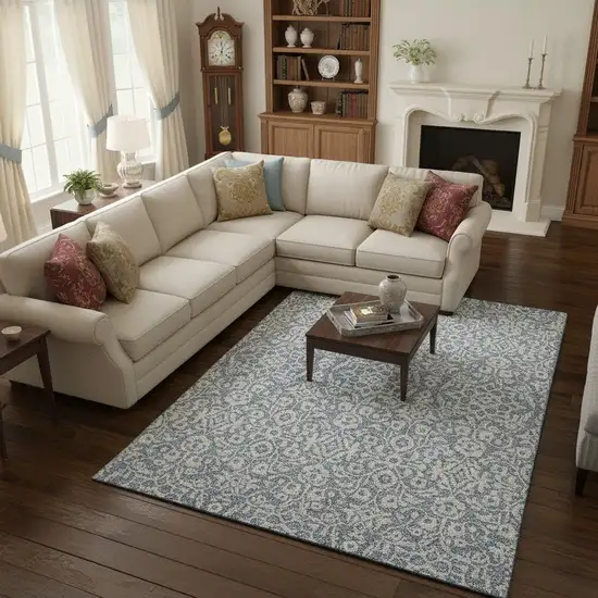 Denim Blue And Ivory Damask Washable Area Rug With UV Protection Photo 2