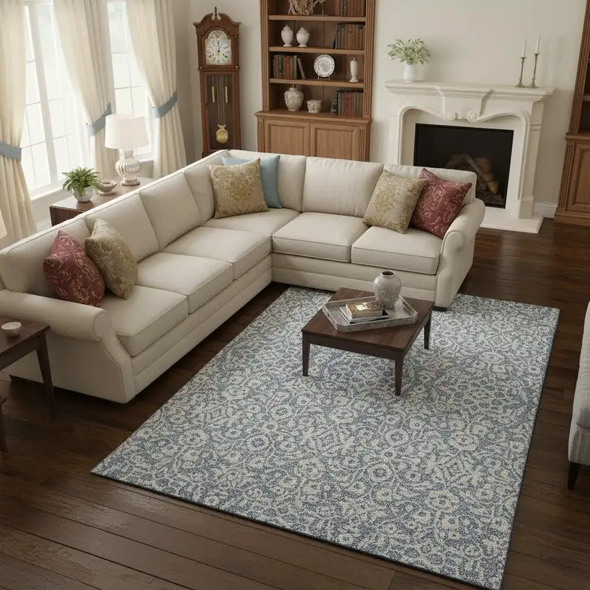 Denim Blue And Ivory Damask Washable Area Rug With UV Protection Photo 2