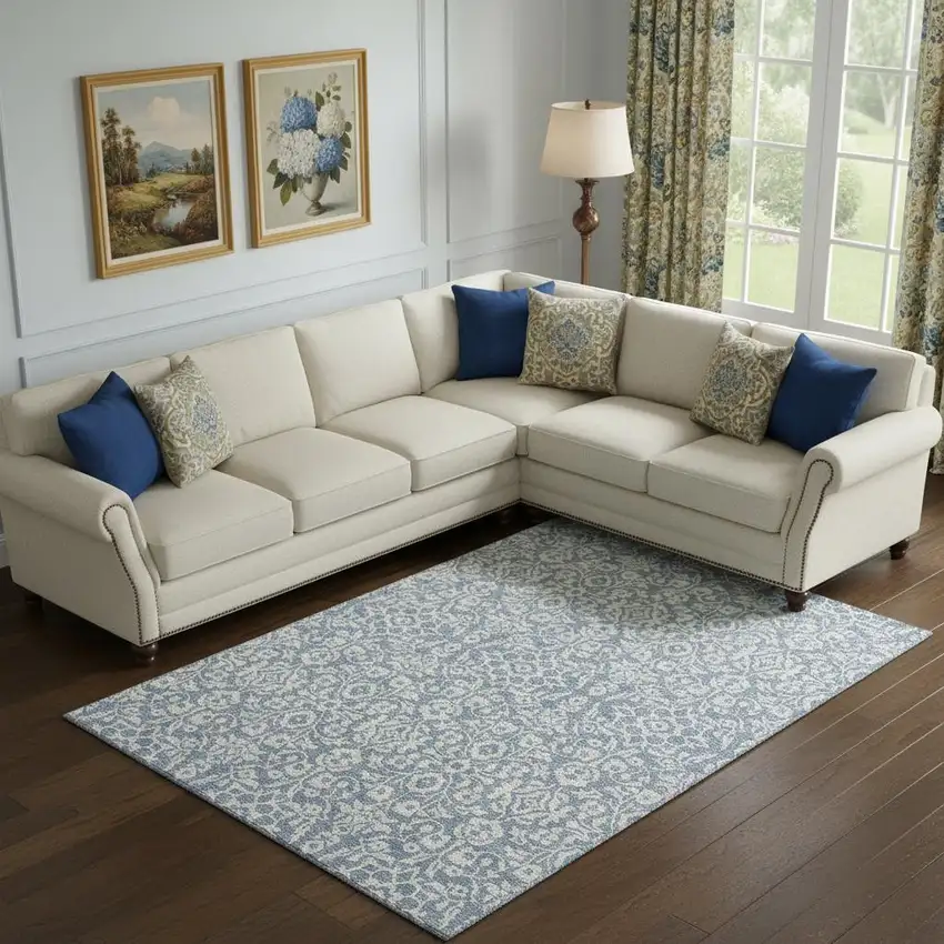 Denim Blue And Ivory Damask Washable Area Rug With UV Protection Photo 1