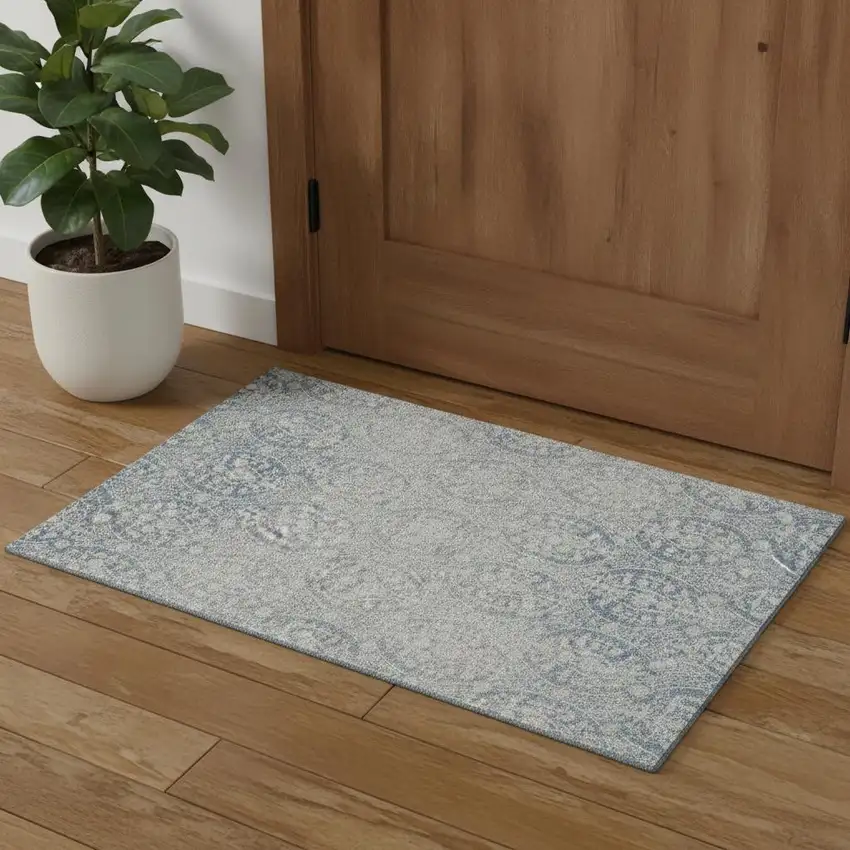 Denim Blue And Ivory Damask Washable Area Rug With UV Protection Photo 1