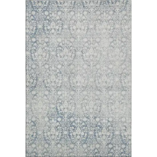 Denim Blue And Ivory Damask Washable Area Rug With UV Protection Photo 1