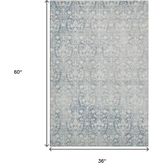 Denim Blue And Ivory Damask Washable Area Rug With UV Protection Photo 3