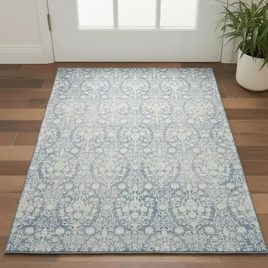 Denim Blue And Ivory Damask Washable Area Rug With UV Protection Photo 2