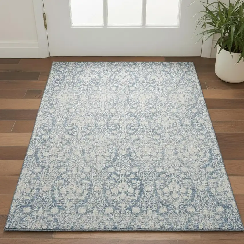 Denim Blue And Ivory Damask Washable Area Rug With UV Protection Photo 2