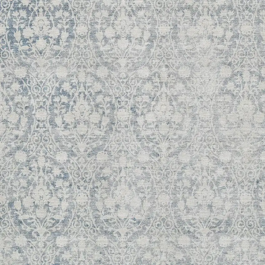 Denim Blue And Ivory Damask Washable Area Rug With UV Protection Photo 2