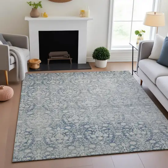 Denim Blue And Ivory Damask Washable Area Rug With UV Protection Photo 5