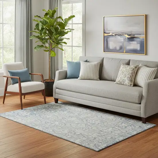 Denim Blue And Ivory Damask Washable Area Rug With UV Protection Photo 2