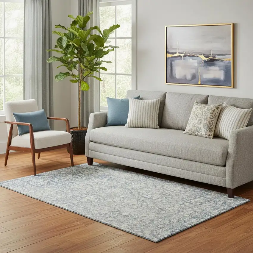 Denim Blue And Ivory Damask Washable Area Rug With UV Protection Photo 2