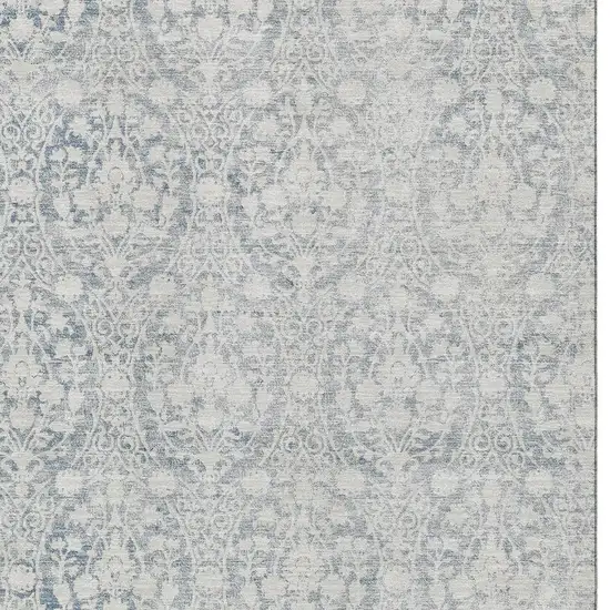 Denim Blue And Ivory Damask Washable Area Rug With UV Protection Photo 2
