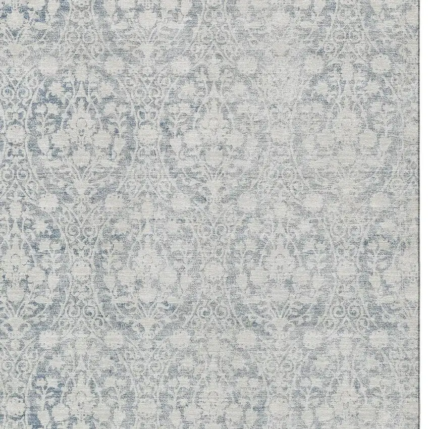 Denim Blue And Ivory Damask Washable Area Rug With UV Protection Photo 2