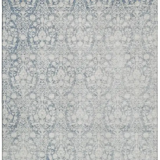 Denim Blue And Ivory Damask Washable Area Rug With UV Protection Photo 3