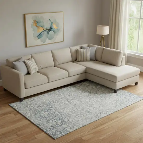 Denim Blue And Ivory Damask Washable Area Rug With UV Protection Photo 2