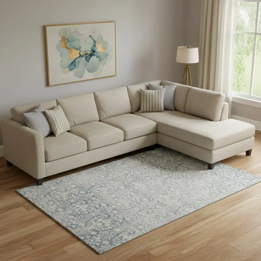 Denim Blue And Ivory Damask Washable Area Rug With UV Protection Photo 2