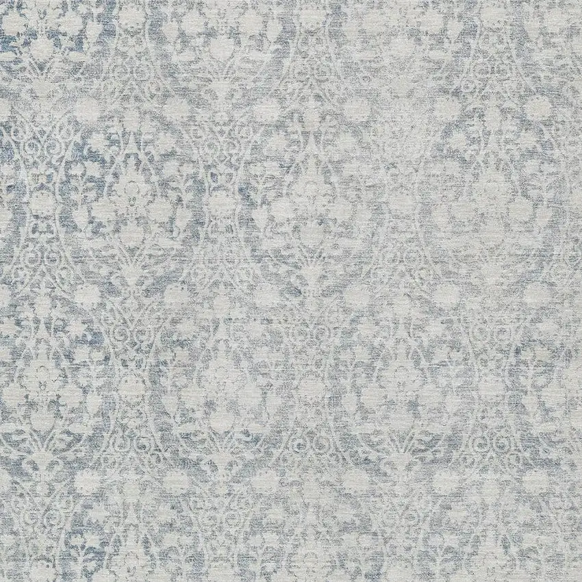 Denim Blue And Ivory Damask Washable Area Rug With UV Protection Photo 2