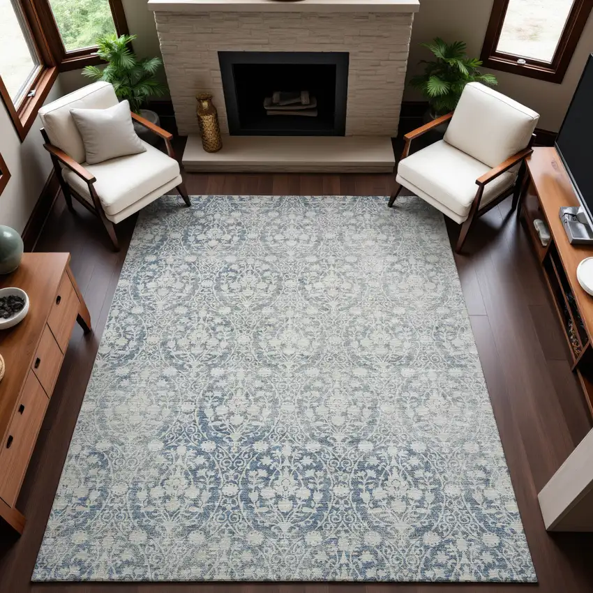 Denim Blue And Ivory Damask Washable Area Rug With UV Protection Photo 5