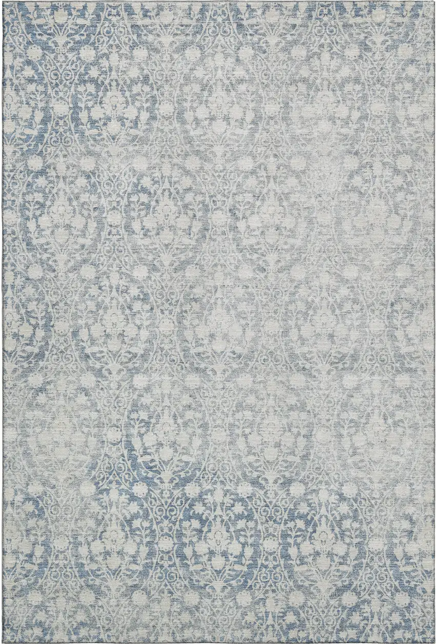 Denim Blue And Ivory Damask Washable Area Rug With UV Protection Photo 1