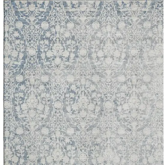 Denim Blue And Ivory Damask Washable Area Rug With UV Protection Photo 2
