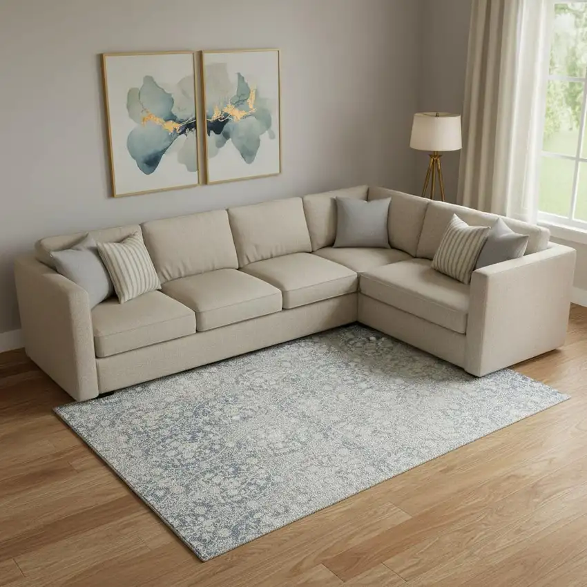 Denim Blue And Ivory Damask Washable Area Rug With UV Protection Photo 2