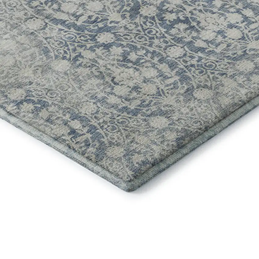 Denim Blue And Ivory Damask Washable Area Rug With UV Protection Photo 7