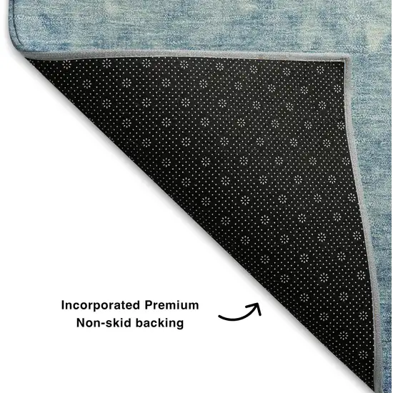 Denim Blue And Ivory Damask Washable Area Rug With UV Protection Photo 7