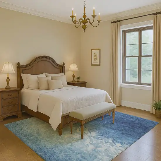 Denim Blue And Ivory Damask Washable Area Rug With UV Protection Photo 6