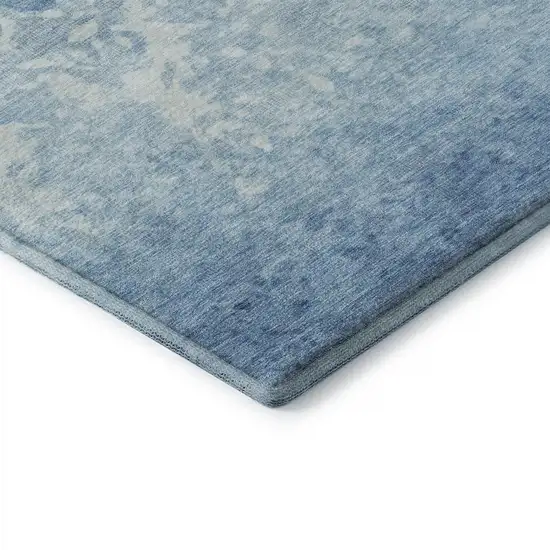 Denim Blue And Ivory Damask Washable Area Rug With UV Protection Photo 8