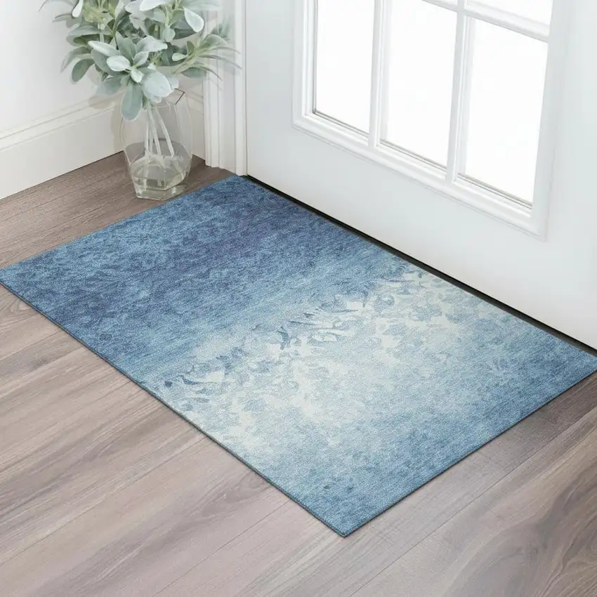 Denim Blue And Ivory Damask Washable Area Rug With UV Protection Photo 2