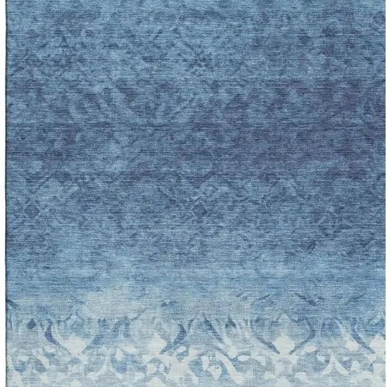 Denim Blue And Ivory Damask Washable Area Rug With UV Protection Photo 3