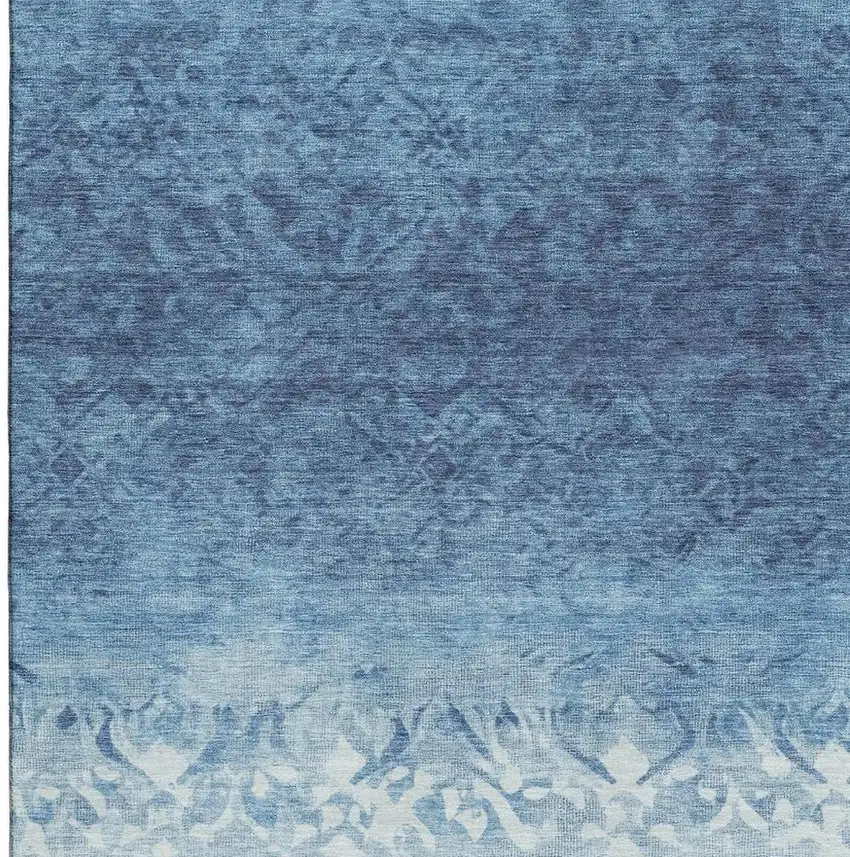 Denim Blue And Ivory Damask Washable Area Rug With UV Protection Photo 3