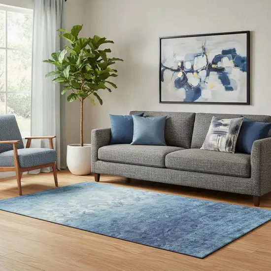 Denim Blue And Ivory Damask Washable Area Rug With UV Protection Photo 2