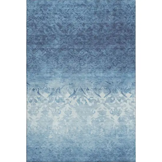 Denim Blue And Ivory Damask Washable Area Rug With UV Protection Photo 1
