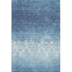 Photo of Denim Blue And Ivory Damask Washable Area Rug With UV Protection