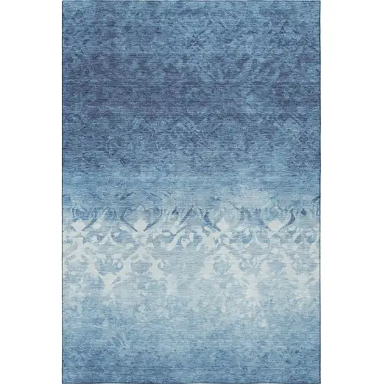 Denim Blue And Ivory Damask Washable Area Rug With UV Protection Photo 3
