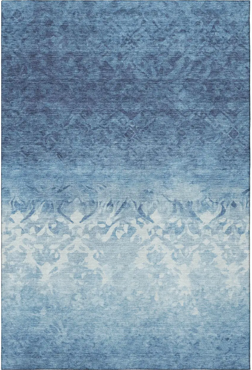 Denim Blue And Ivory Damask Washable Area Rug With UV Protection Photo 3