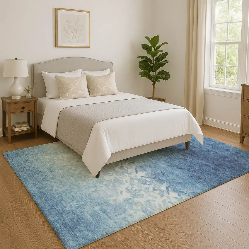 Denim Blue And Ivory Damask Washable Area Rug With UV Protection Photo 4